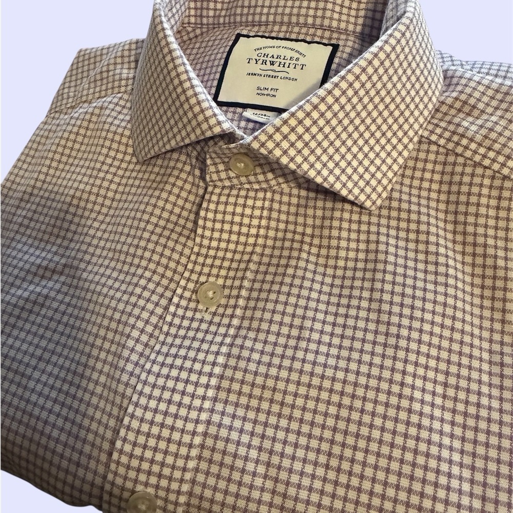Charles Tyrwhitt Slim Fit Non Iron Purple White Plaid Size 16/34”